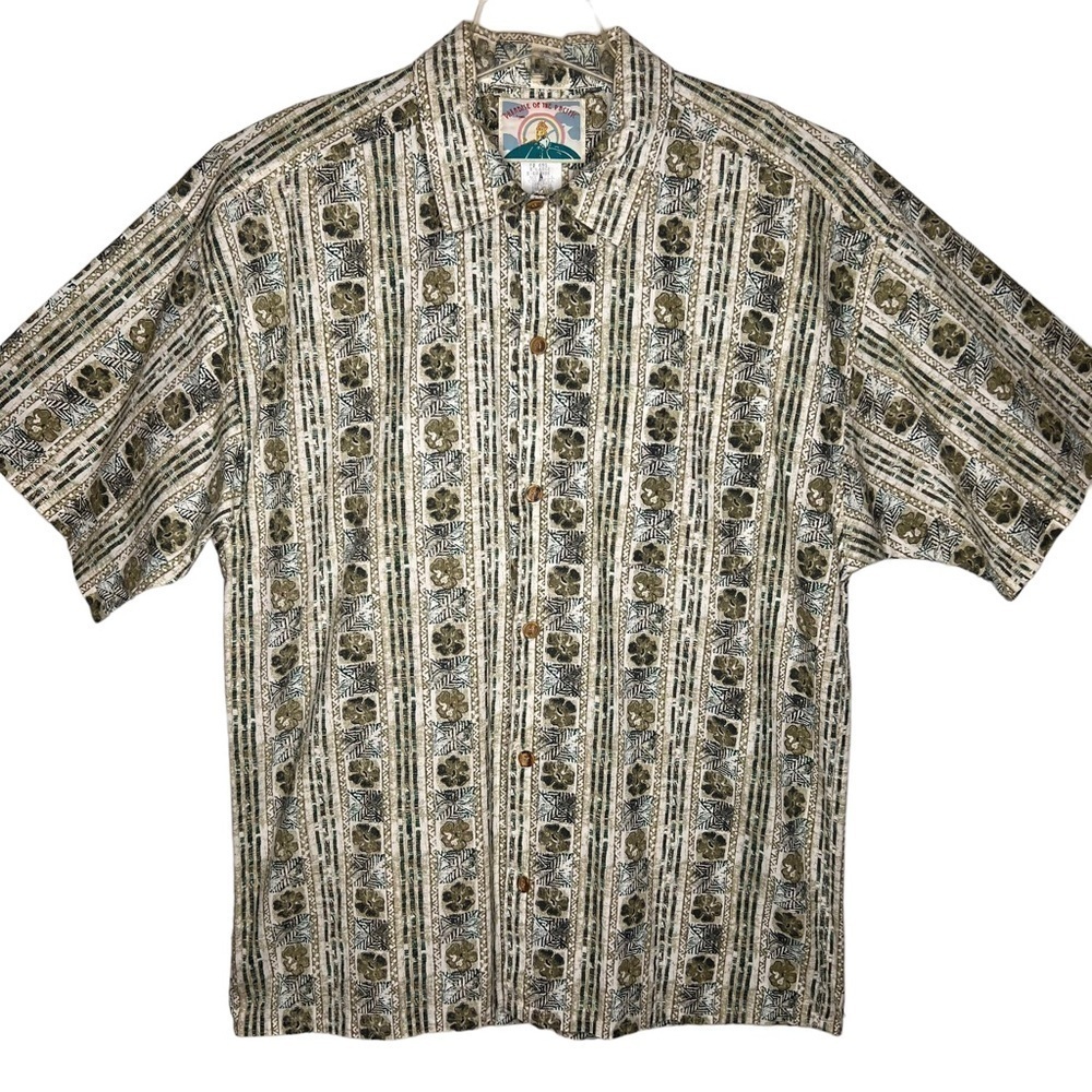 VTG Paradise of the Pacific Hawaiian Shirt XL Tan Floral Print Coconut Button
